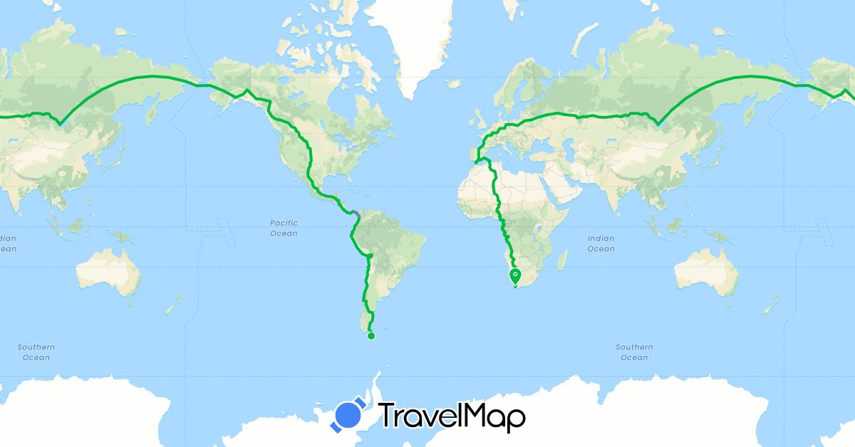 TravelMap itinerary: driving, bus, cycling in Argentina, Colombia, Spain, Gibraltar, Panama, Russia, United States, South Africa (Africa, Europe, North America, South America)