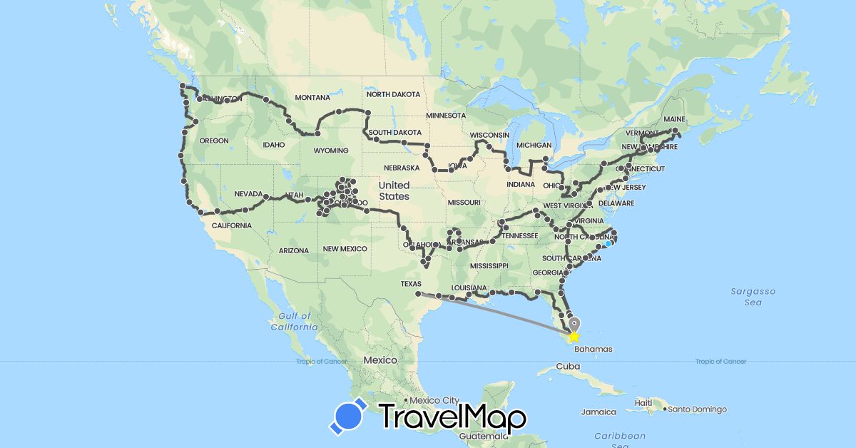 TravelMap itinerary: driving, plane, boat, motorbike in United States (North America)