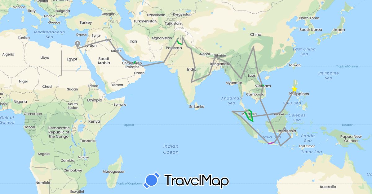 TravelMap itinerary: driving, bus, plane, train in United Arab Emirates, Bahrain, Brunei, China, Egypt, Indonesia, India, Iraq, Kuwait, Myanmar (Burma), Malaysia, Oman, Philippines, Pakistan, Thailand, Vietnam (Africa, Asia)